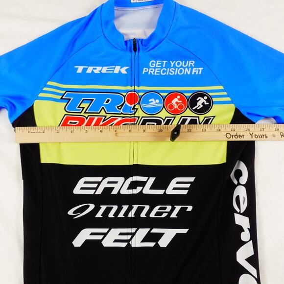 Trek Tri Bike Run Cycle Jersey Blue Yellow Black Size Small - Picture 3 of 6